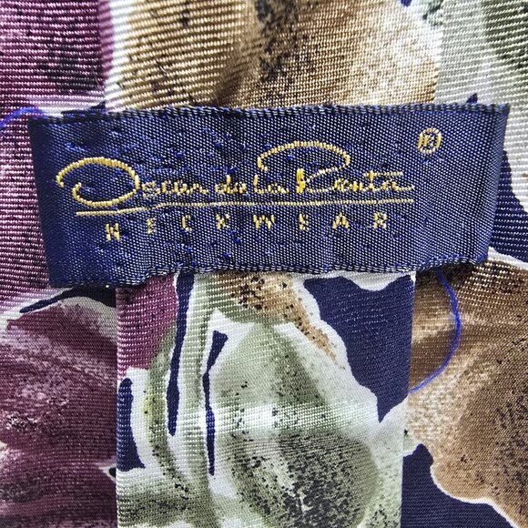 VINTAGE OSCAR DE LA RENTA MENS TIE HIBISCUS FLORAL PURPLE TAN GREEN EUC - Picture 3 of 6
